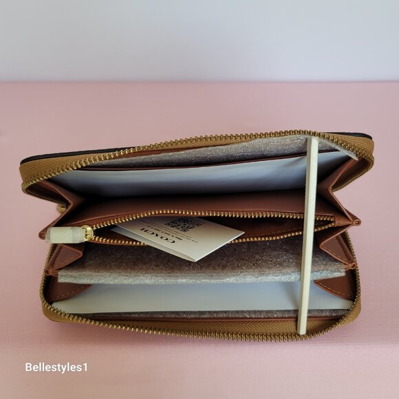 COACH Pebble Leather Zip-Around Accordion Wallet with Back-Slip Pocket-Buttercup - Picture 12 of 16